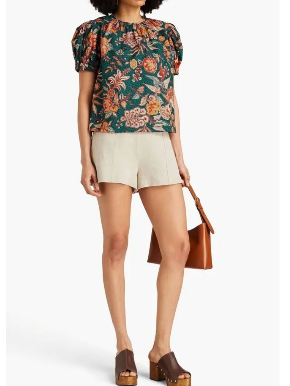 Ulla Johnson Frances Top Floral Puff-Sleeve 100% Cotton Blouse Deep Teal Orange